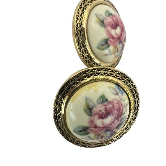 Vintage Floral Transfer Acrylic Stud Earrings Round Ornate Gold Tone Surround - Picture 2 of 5